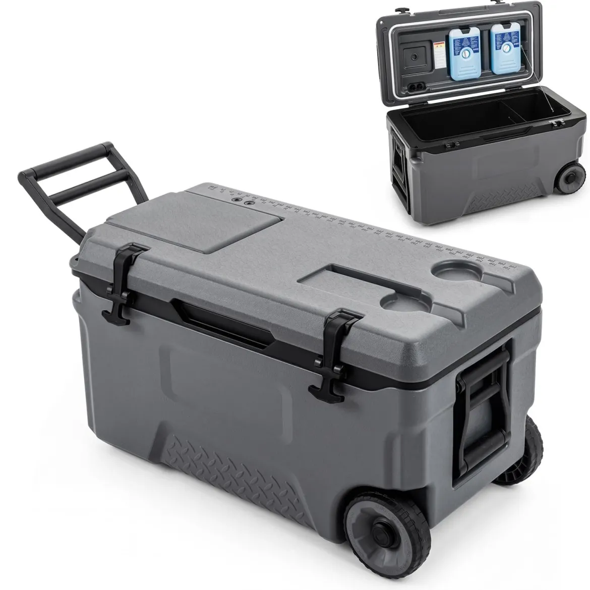 Kühlbox 50 L Große Thermobox aus Kunststoff mit Rollen & Griff Isolierbox mit Ablaufstopfen Grau/Weiß