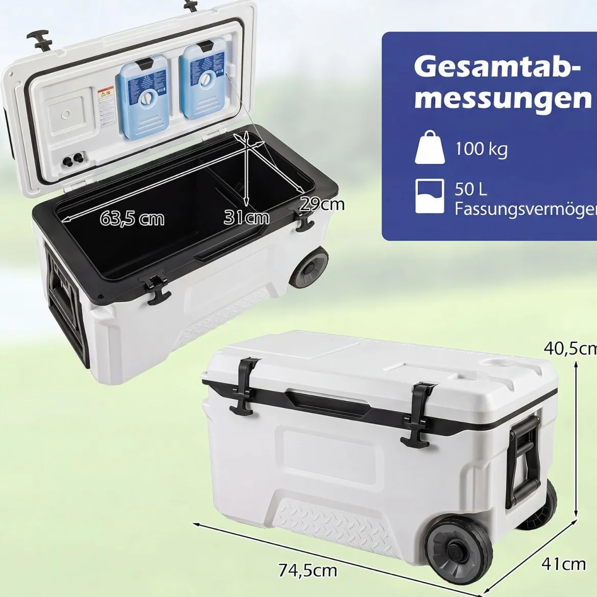 Kühlbox 50 L Große Thermobox aus Kunststoff mit Rollen & Griff Isolierbox mit Ablaufstopfen Grau/Weiß