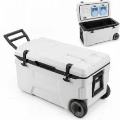 Kühlbox 50 L Große Thermobox aus Kunststoff mit Rollen & Griff Isolierbox mit Ablaufstopfen Grau/Weiß