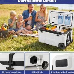 Kühlbox 50 L Große Thermobox aus Kunststoff mit Rollen & Griff Isolierbox mit Ablaufstopfen Grau/Weiß