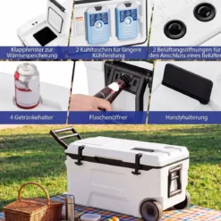 Kühlbox 50 L Große Thermobox aus Kunststoff mit Rollen & Griff Isolierbox mit Ablaufstopfen Grau/Weiß