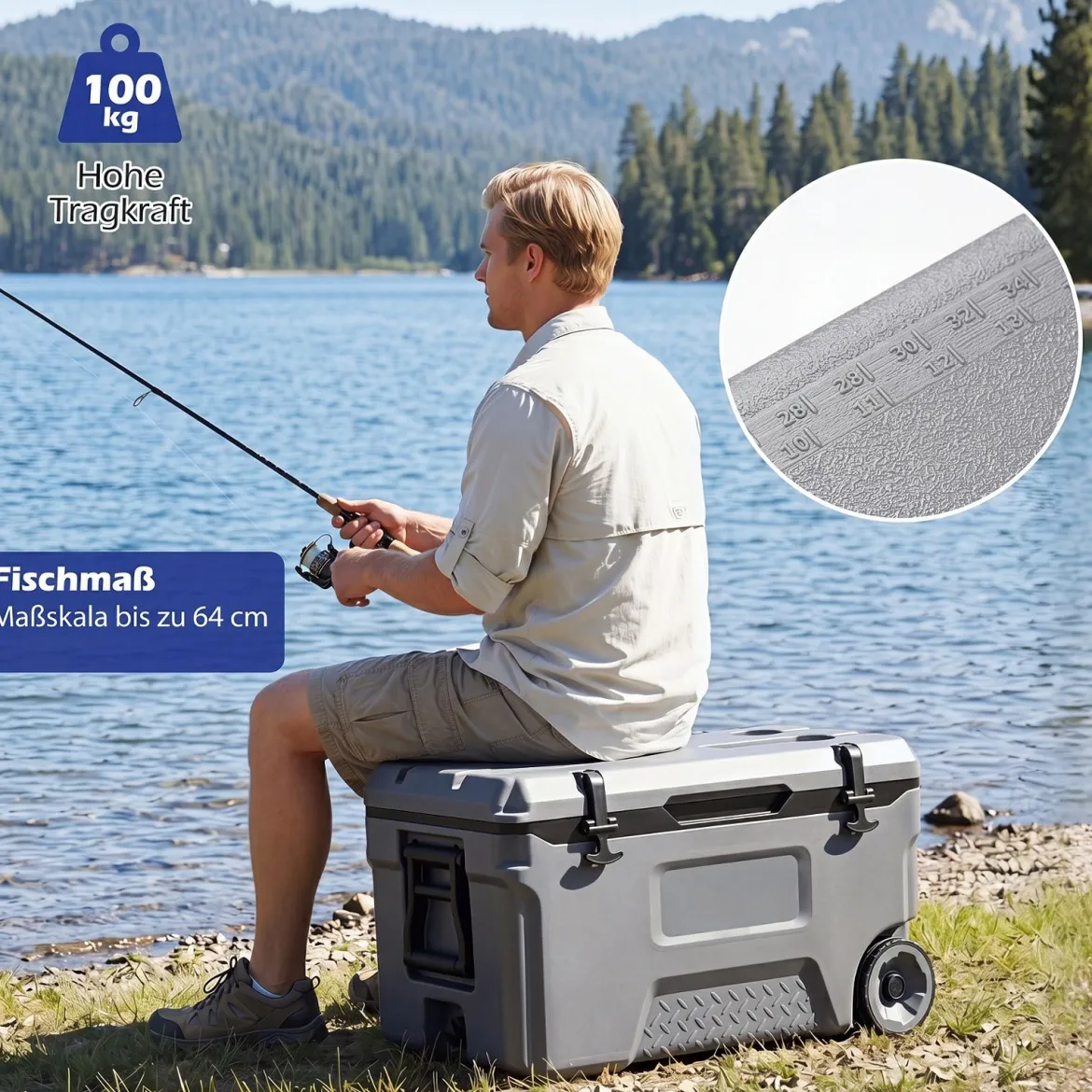 Kühlbox 50 L Große Thermobox aus Kunststoff mit Rollen & Griff Isolierbox mit Ablaufstopfen Grau/Weiß