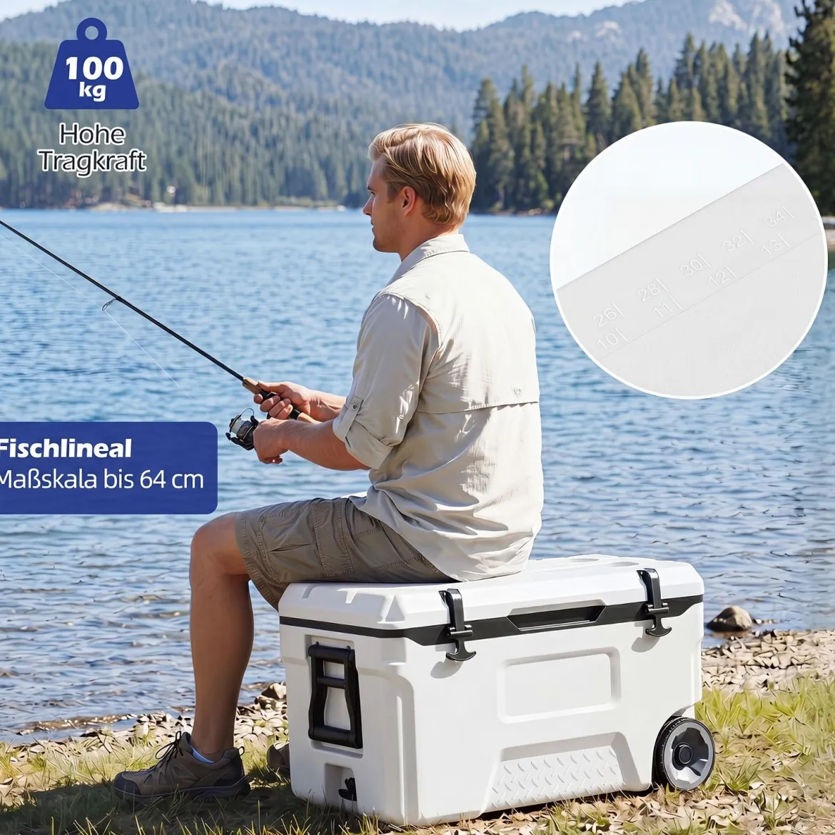 Kühlbox 50 L Große Thermobox aus Kunststoff mit Rollen & Griff Isolierbox mit Ablaufstopfen Grau/Weiß