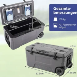 Kühlbox 70 L Große Thermobox aus Kunststoff mit Rollen & Griff Isolierbox mit Ablaufstopfen Grau/Weiß