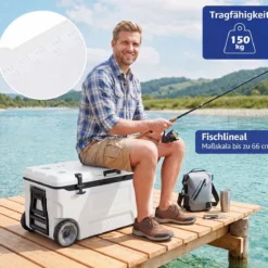 Kühlbox 70 L Große Thermobox aus Kunststoff mit Rollen & Griff Isolierbox mit Ablaufstopfen Grau/Weiß
