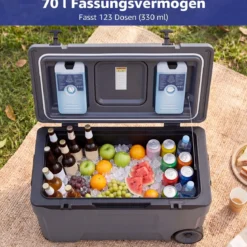 Kühlbox 70 L Große Thermobox aus Kunststoff mit Rollen & Griff Isolierbox mit Ablaufstopfen Grau/Weiß