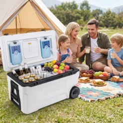 Kühlbox 70 L Große Thermobox aus Kunststoff mit Rollen & Griff Isolierbox mit Ablaufstopfen Grau/Weiß