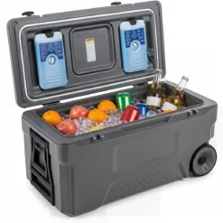 Kühlbox 70 L Große Thermobox aus Kunststoff mit Rollen & Griff Isolierbox mit Ablaufstopfen Grau/Weiß