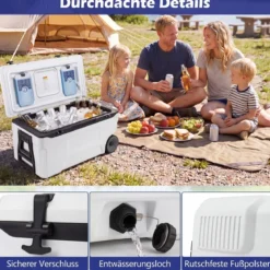 Kühlbox 70 L Große Thermobox aus Kunststoff mit Rollen & Griff Isolierbox mit Ablaufstopfen Grau/Weiß