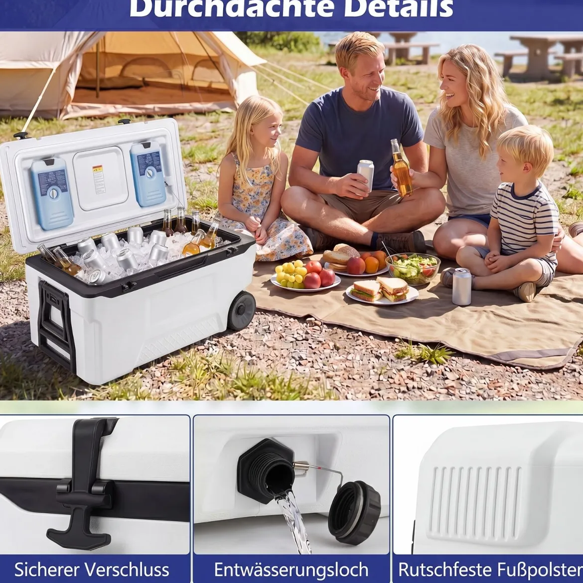 Kühlbox 70 L Große Thermobox aus Kunststoff mit Rollen & Griff Isolierbox mit Ablaufstopfen Grau/Weiß