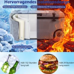 Kühlbox 70 L Große Thermobox aus Kunststoff mit Rollen & Griff Isolierbox mit Ablaufstopfen Grau/Weiß