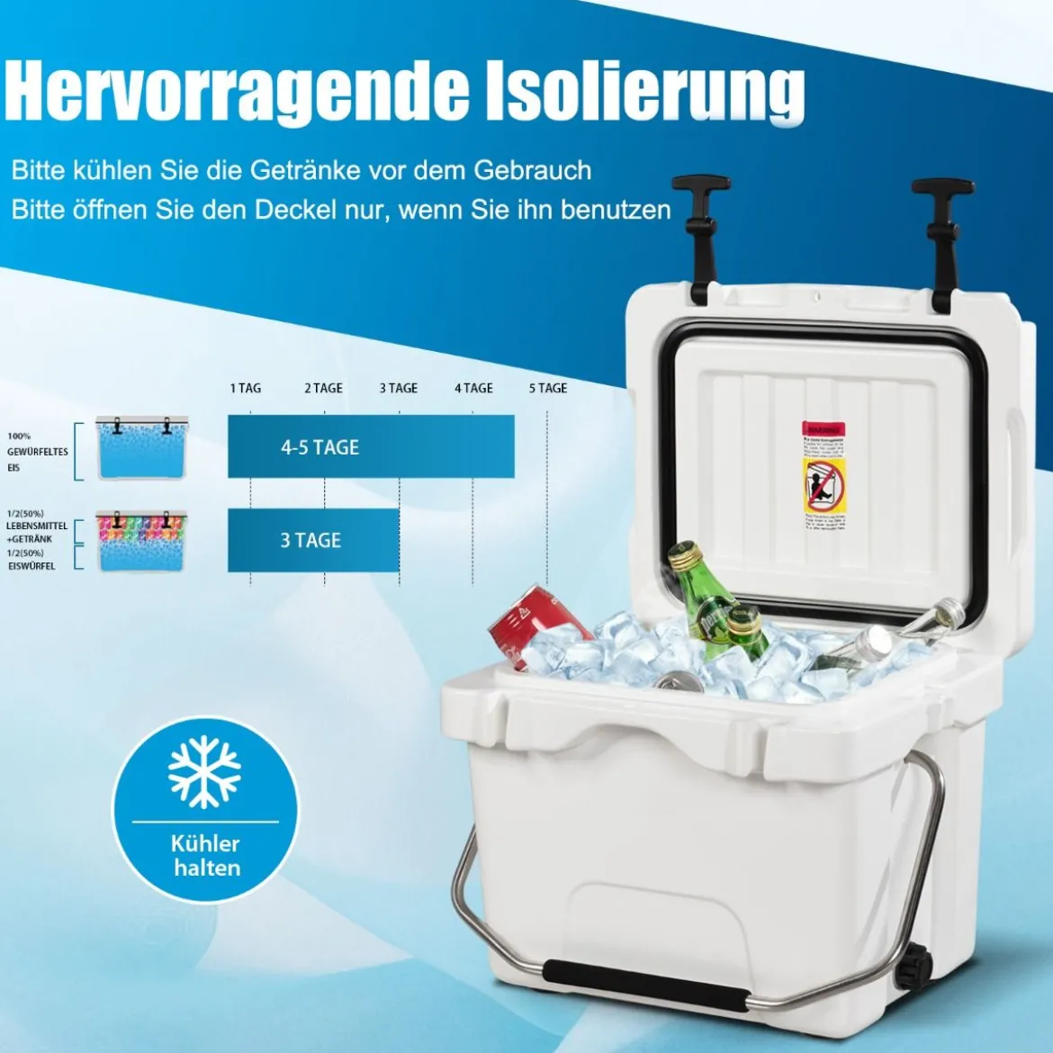 Kühlbox mit 15 L Fassungsvermögen Eistruhe mit Griff Ablassstopfen & 2 Getränkehaltern Weiß