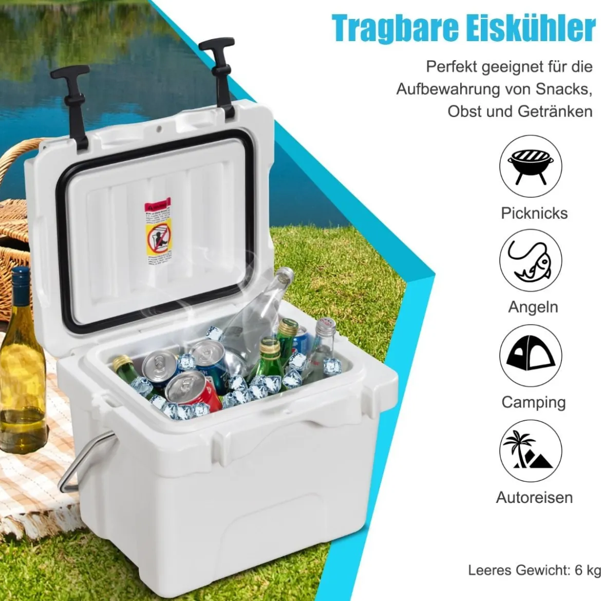 Kühlbox mit 15 L Fassungsvermögen Eistruhe mit Griff Ablassstopfen & 2 Getränkehaltern Weiß