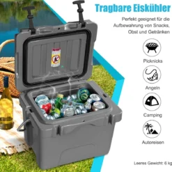 Kühlbox mit 15 L Fassungsvermögen Eistruhe mit Griff Ablassstopfen & 2 Getränkehaltern Grau