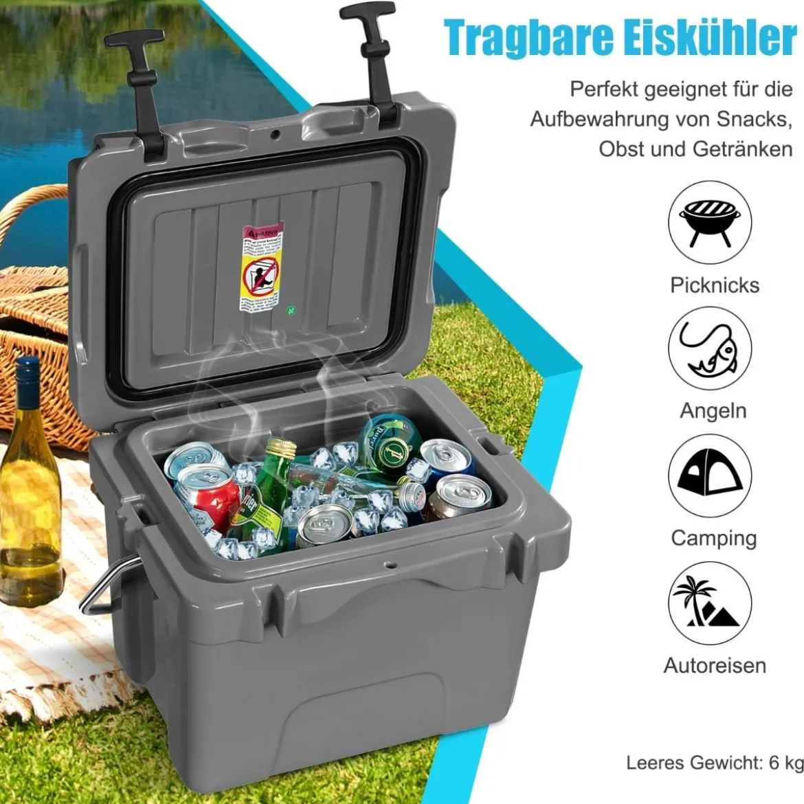 Kühlbox mit 15 L Fassungsvermögen Eistruhe mit Griff Ablassstopfen & 2 Getränkehaltern Grau