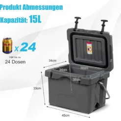 Kühlbox mit 15 L Fassungsvermögen Eistruhe mit Griff Ablassstopfen & 2 Getränkehaltern Grau