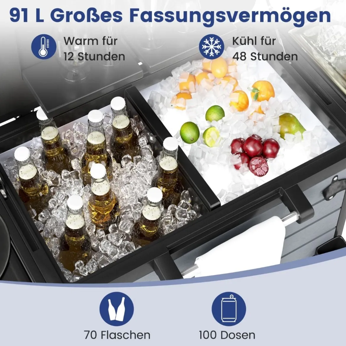 Kühlwagen mit 2 Seitenablagen & Flaschenöffner & Handtuchhalter Servierwagen Beistellwagen