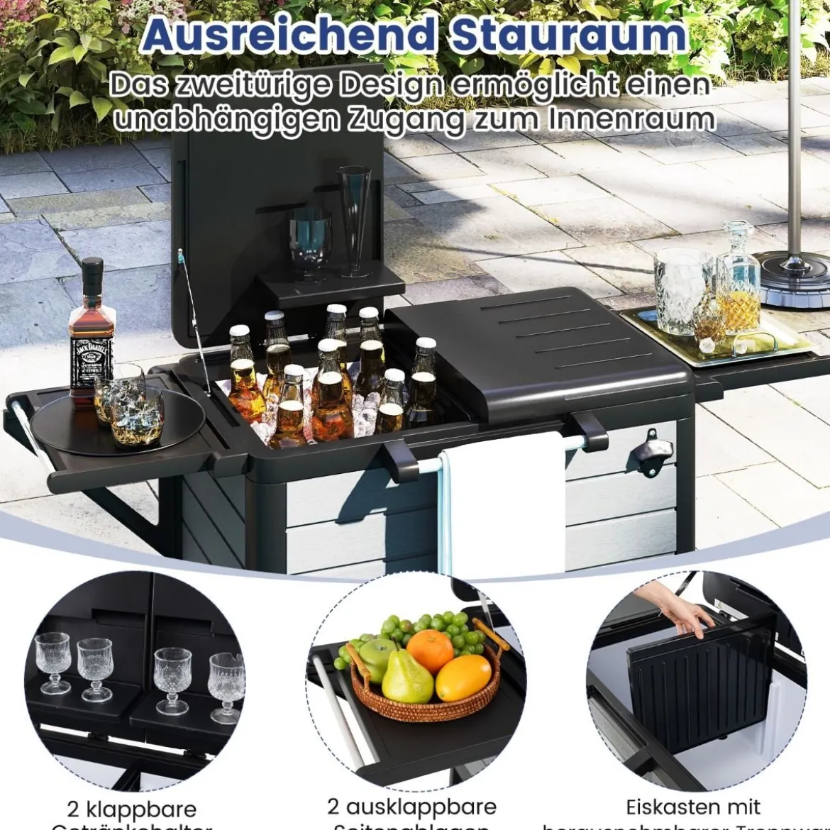 Kühlwagen mit 2 Seitenablagen & Flaschenöffner & Handtuchhalter Servierwagen Beistellwagen