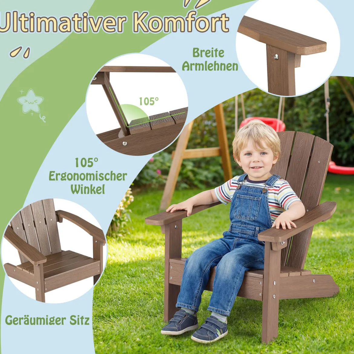 Kinder Adirondack Stuhl aus HIPS Gartenstuhl mit Ergonomischer Rückenlehne Braun