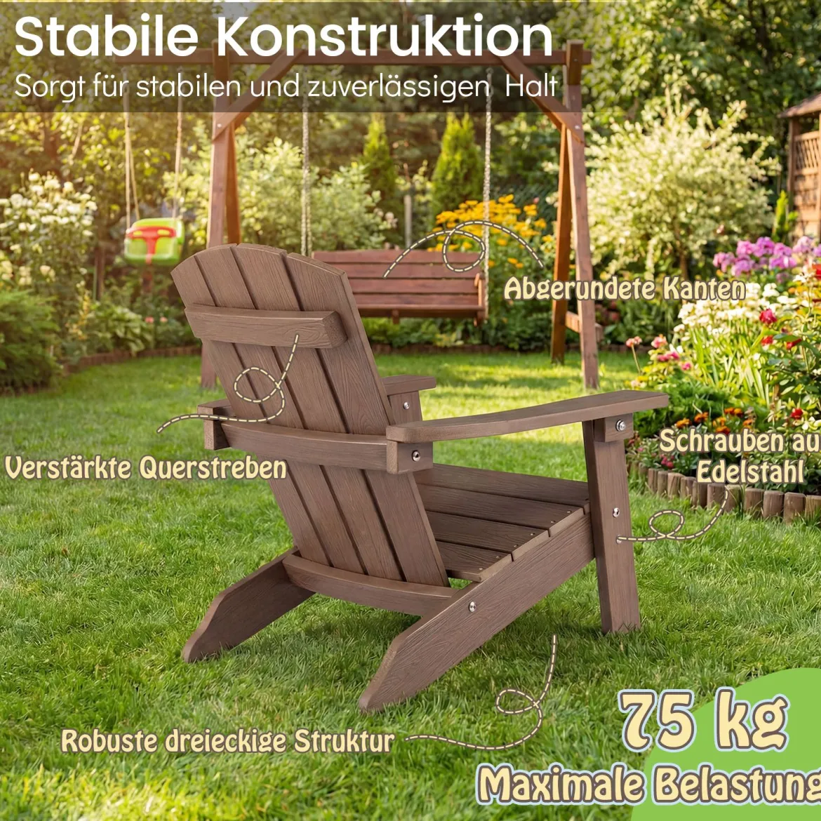 Kinder Adirondack Stuhl aus HIPS Gartenstuhl mit Ergonomischer Rückenlehne Braun