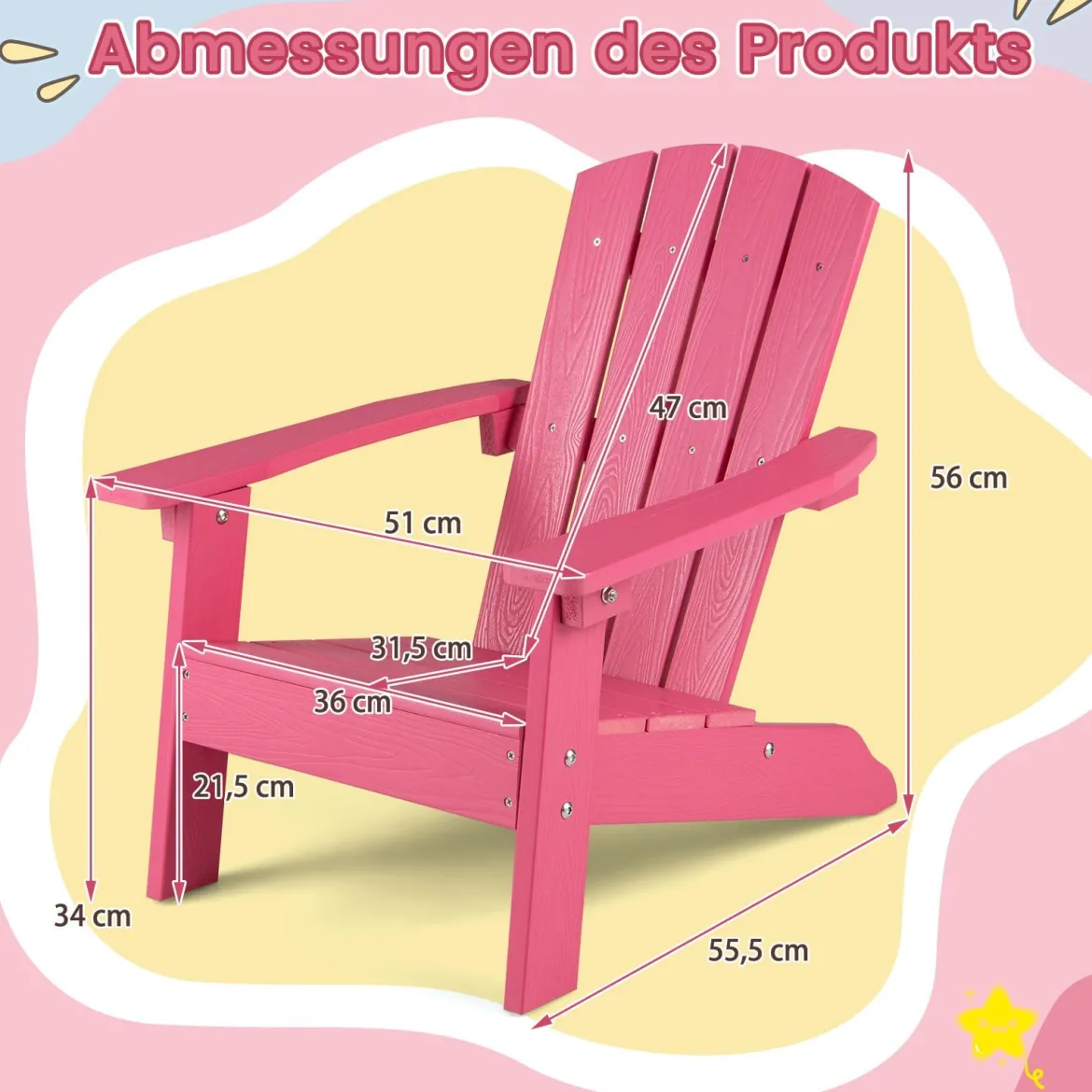 Kinder Adirondack Stuhl aus HIPS Gartenstuhl mit Ergonomischer Rückenlehne Rosa