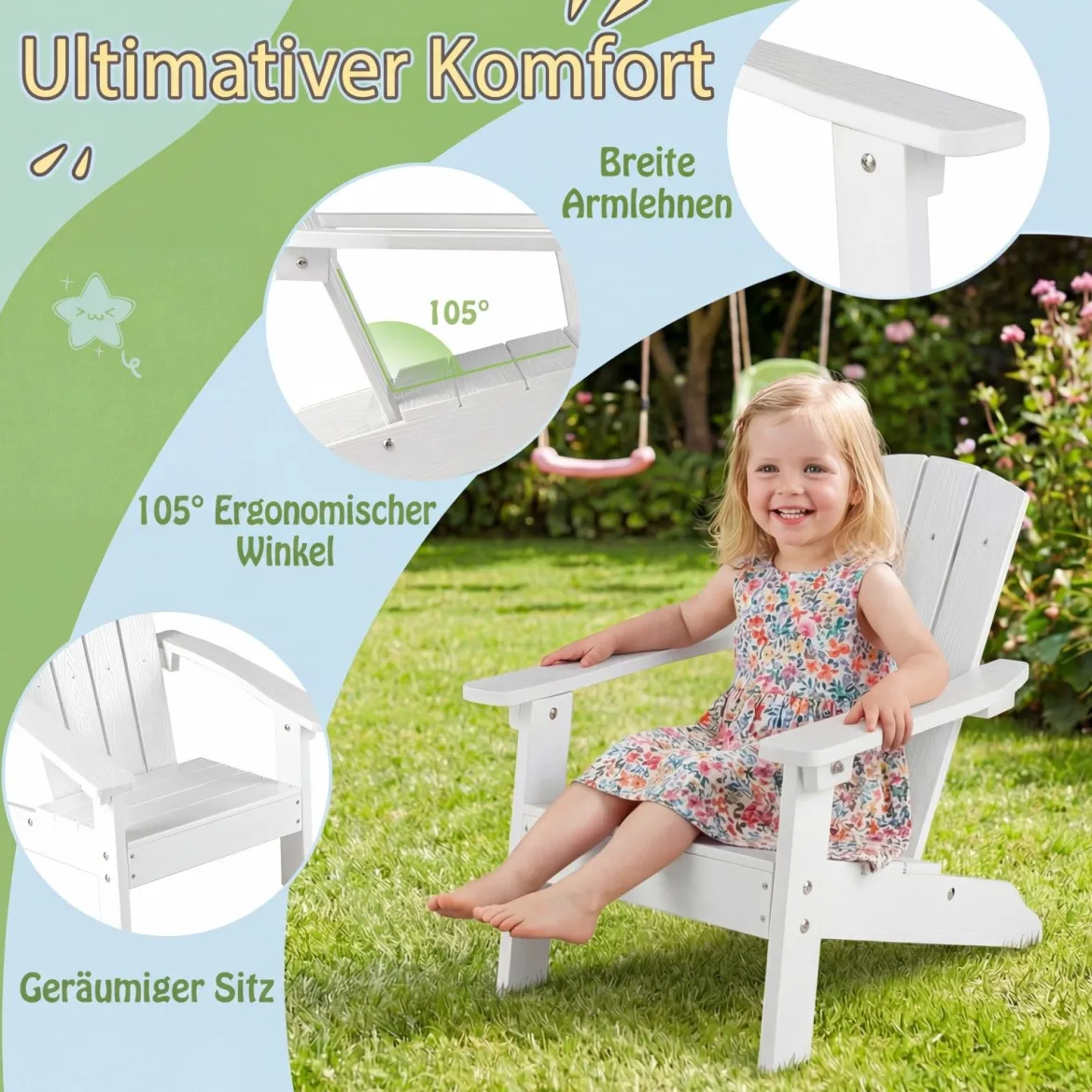 Kinder Adirondack Stuhl aus HIPS Gartenstuhl mit Ergonomischer Rückenlehne Weiß