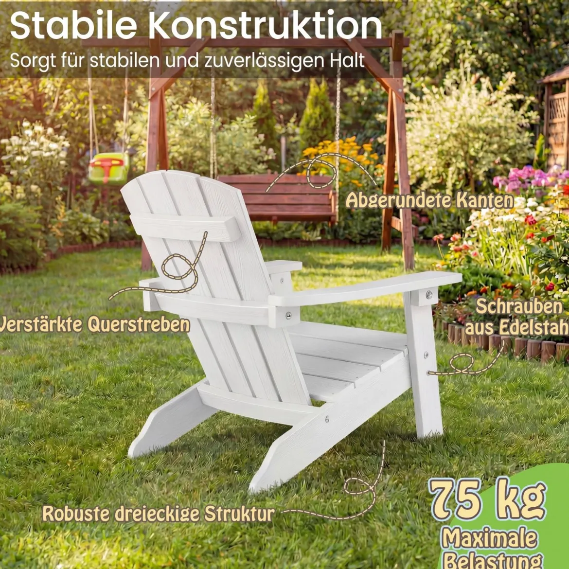 Kinder Adirondack Stuhl aus HIPS Gartenstuhl mit Ergonomischer Rückenlehne Weiß