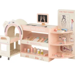 Kinder Arzt Spielset mit Sehtafel & Spielzeug-CT-Gerät Holz Krankenhaus Rollenspiel Kit Rosa
