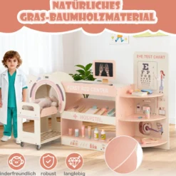 Kinder Arzt Spielset mit Sehtafel & Spielzeug-CT-Gerät Holz Krankenhaus Rollenspiel Kit Rosa