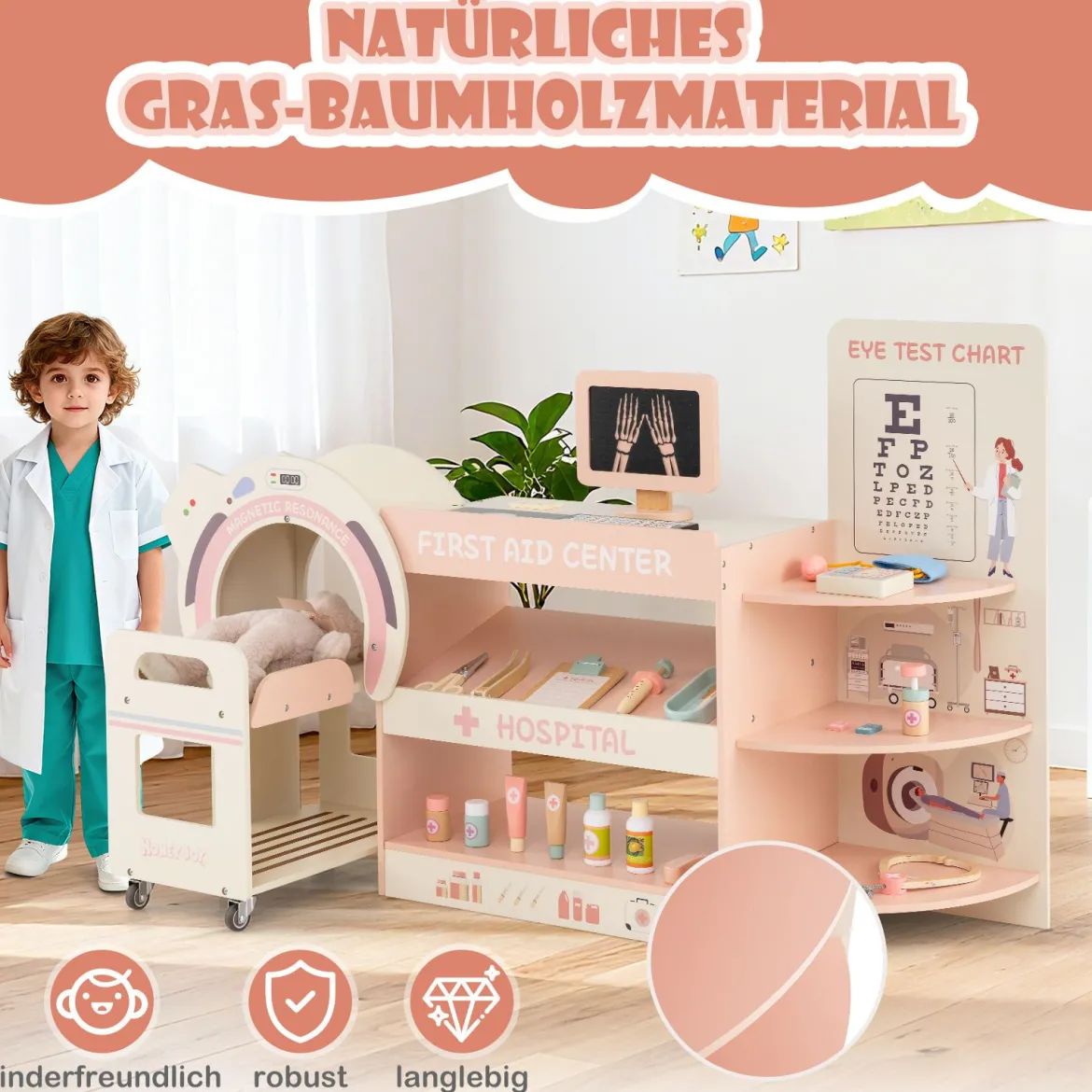Kinder Arzt Spielset mit Sehtafel & Spielzeug-CT-Gerät Holz Krankenhaus Rollenspiel Kit Rosa