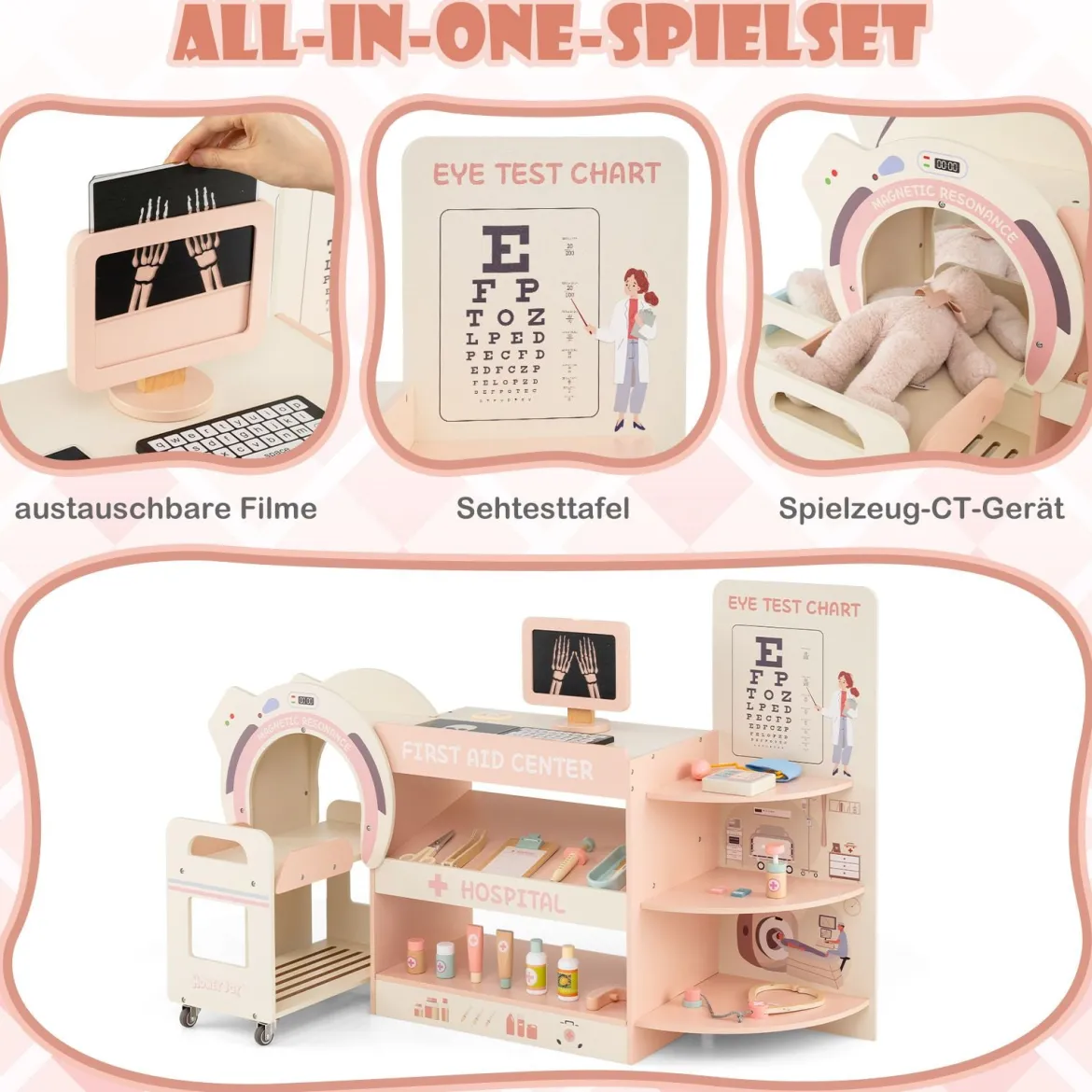 Kinder Arzt Spielset mit Sehtafel & Spielzeug-CT-Gerät Holz Krankenhaus Rollenspiel Kit Rosa