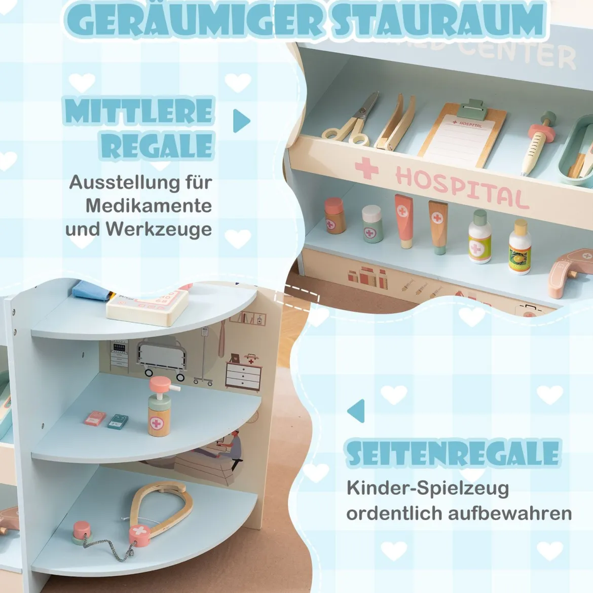 Kinder Arzt Spielset mit Sehtafel & Spielzeug-CT-Gerät Holz Krankenhaus Rollenspiel Kit Blau