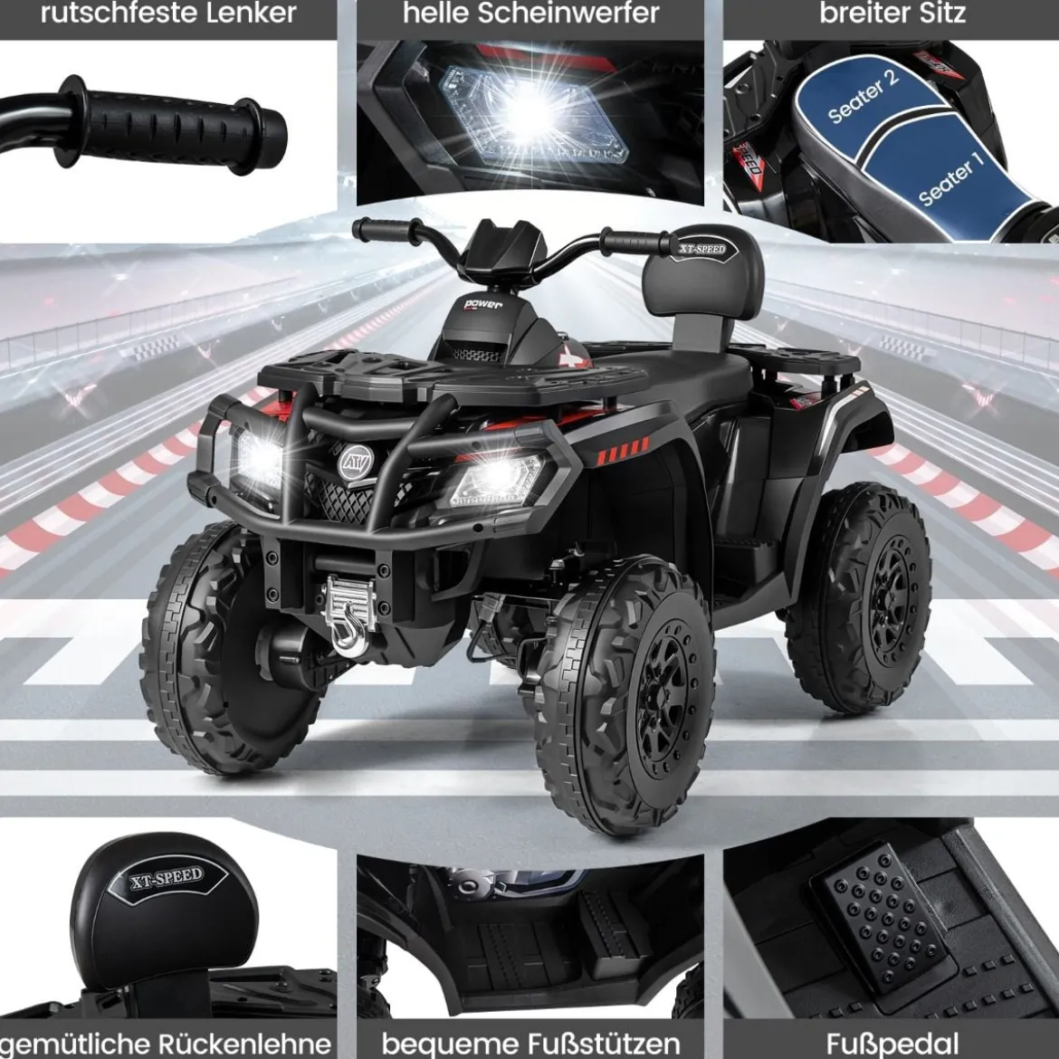 Kinder-ATV 24V 2-Sitzer 4-Rad Quad Elektrofahrzeug mit 4 Motoren sanfter Start & Federung LED-Lichter Musik Kinderauto Schwarz/Rosa