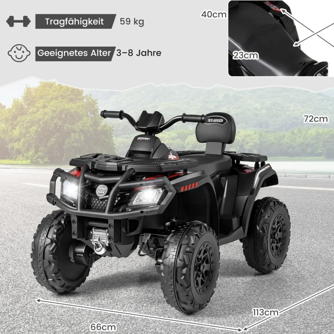 Kinder-ATV 24V 2-Sitzer 4-Rad Quad Elektrofahrzeug mit 4 Motoren sanfter Start & Federung LED-Lichter Musik Kinderauto Schwarz/Rosa