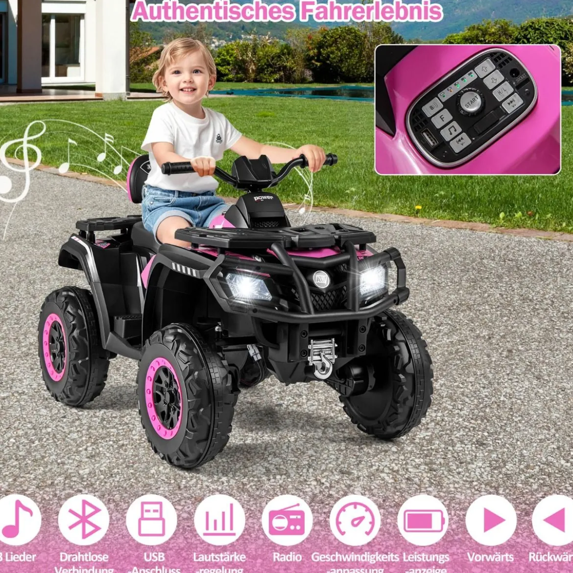 Kinder-ATV 24V 2-Sitzer 4-Rad Quad Elektrofahrzeug mit 4 Motoren sanfter Start & Federung LED-Lichter Musik Kinderauto Schwarz/Rosa