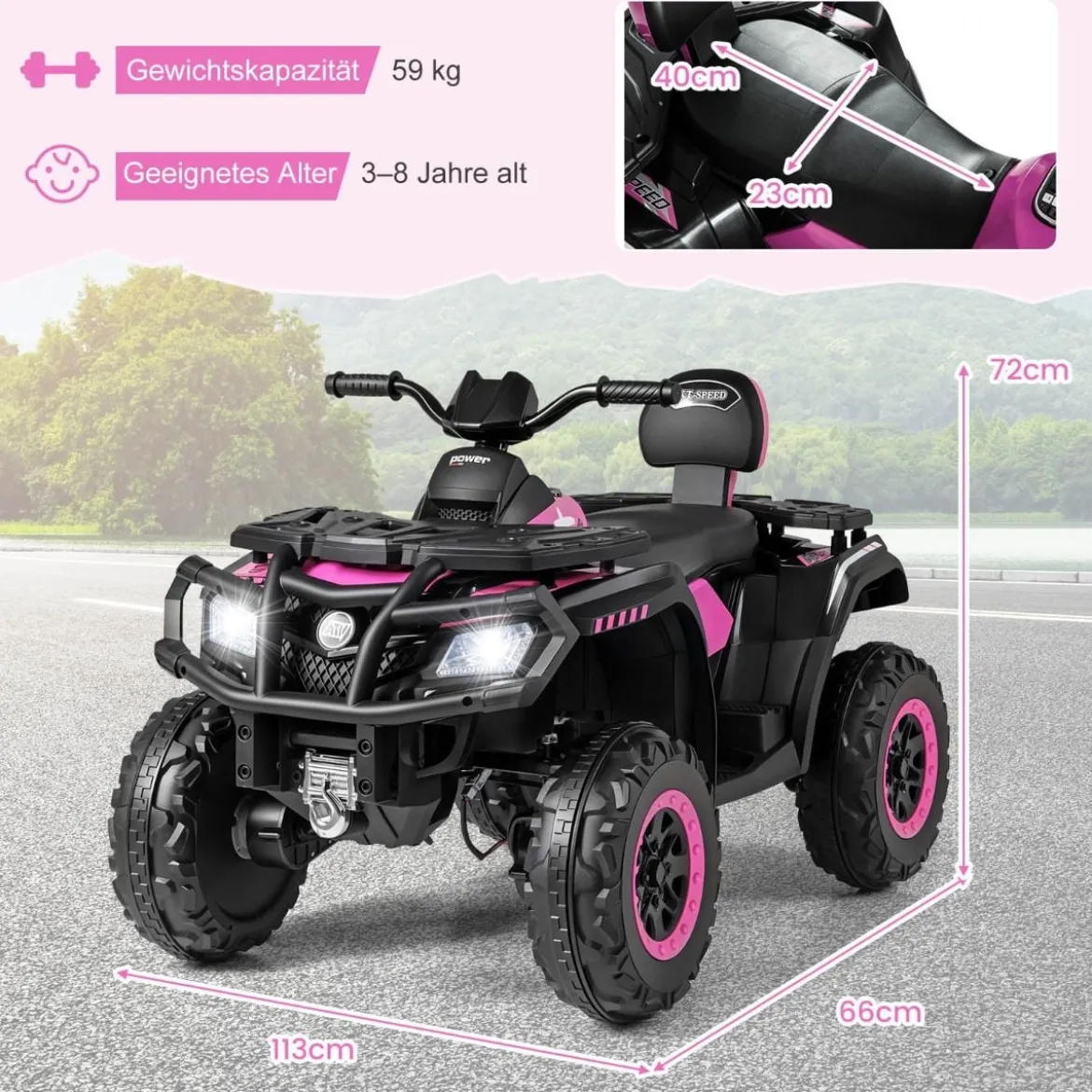 Kinder-ATV 24V 2-Sitzer 4-Rad Quad Elektrofahrzeug mit 4 Motoren sanfter Start & Federung LED-Lichter Musik Kinderauto Schwarz/Rosa