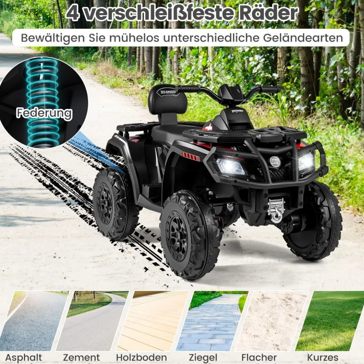 Kinder-ATV 24V 2-Sitzer 4-Rad Quad Elektrofahrzeug mit 4 Motoren sanfter Start & Federung LED-Lichter Musik Kinderauto Schwarz/Rosa