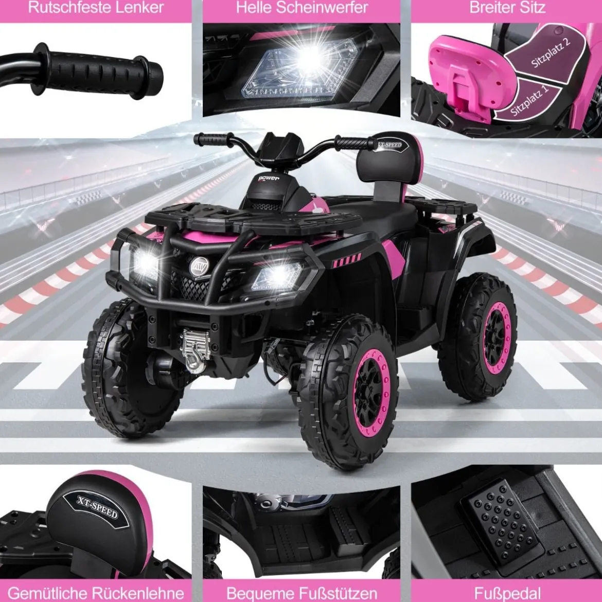 Kinder-ATV 24V 2-Sitzer 4-Rad Quad Elektrofahrzeug mit 4 Motoren sanfter Start & Federung LED-Lichter Musik Kinderauto Schwarz/Rosa