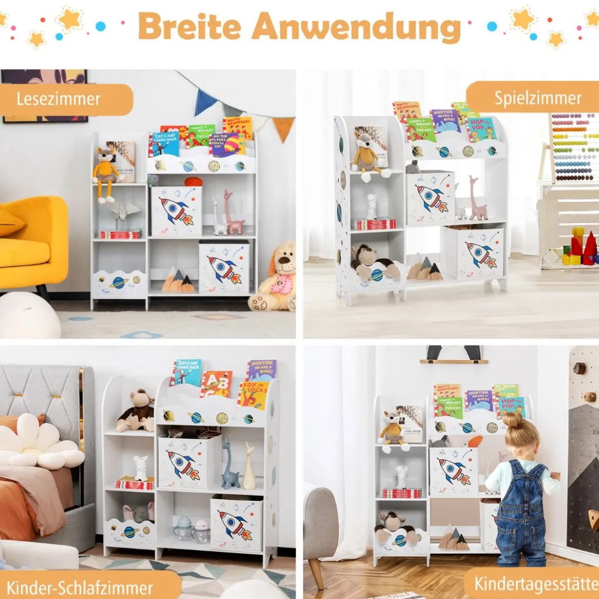 Kinder Aufbewahrungsschrank mit 5 Fächern & 2 Stoffschubladen Universum