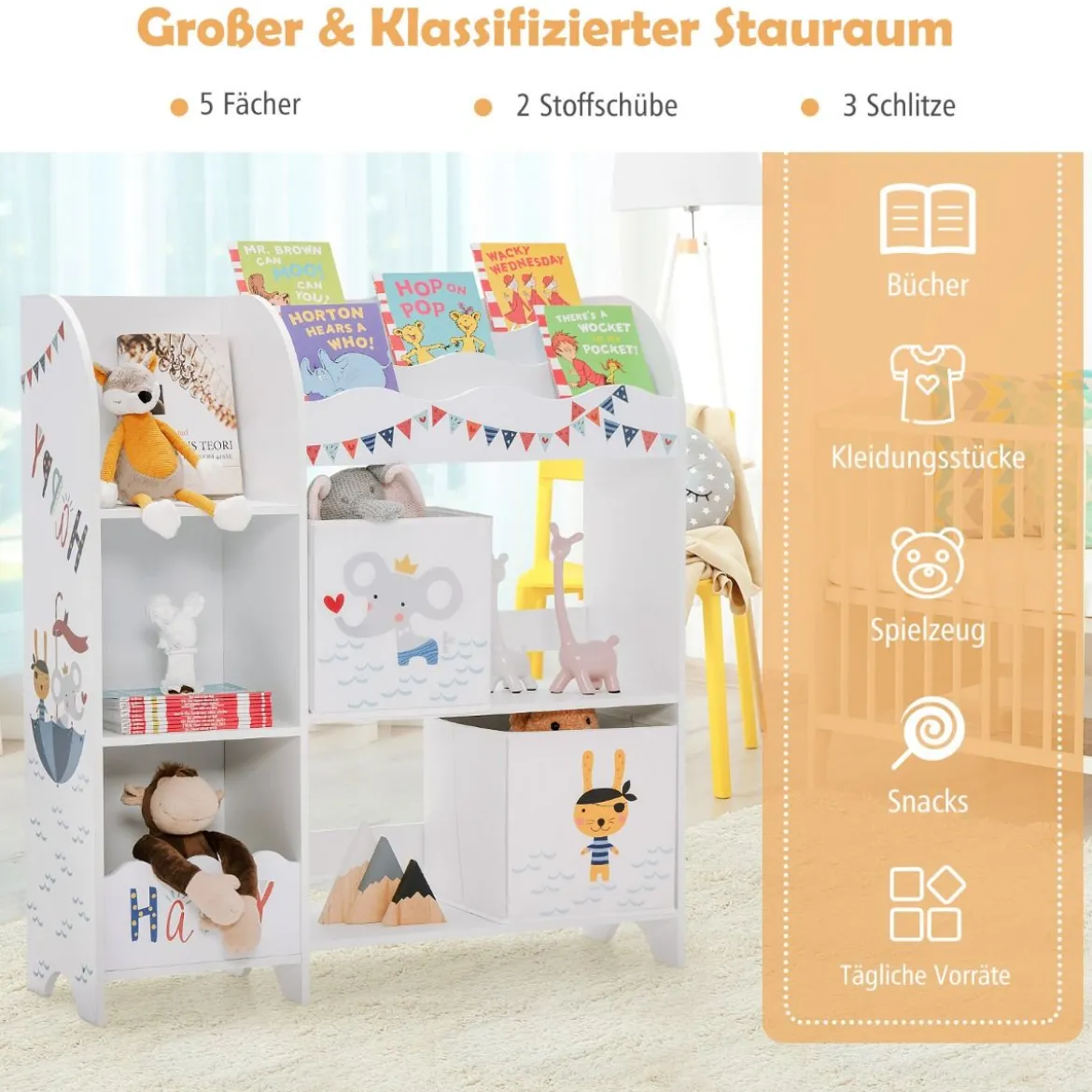 Kinder Aufbewahrungsschrank mit 5 Fächern & 2 Stoffschubladen Pirat