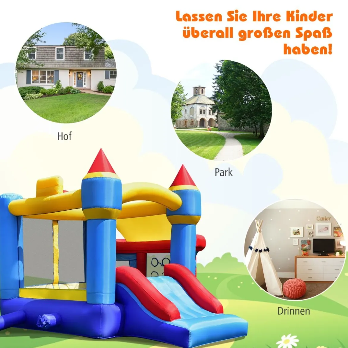 Kinder aufblasbare Hüpfburg mit Rutsche Kinder-Hüpfburg 270 x 240 x 196 cm Blau + Gelb + Rot