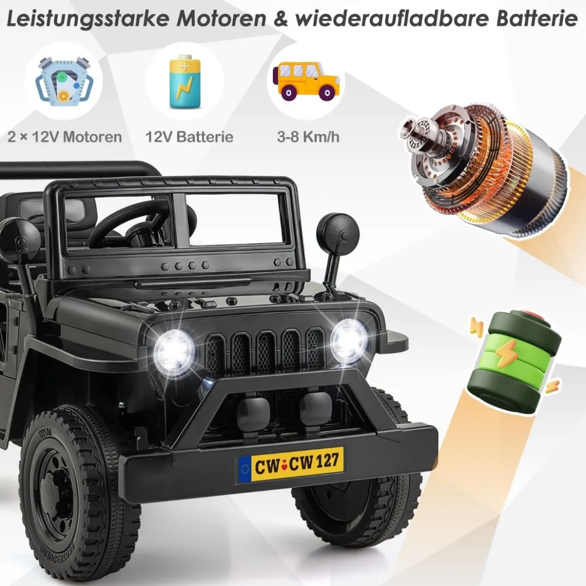 Kinderauto mit 12-V-Akku Elektrofahrzeug mit Fernsteuerung 3 Geschwindigkeiten Schwarz 102,5 x 64 x 59,5 cm