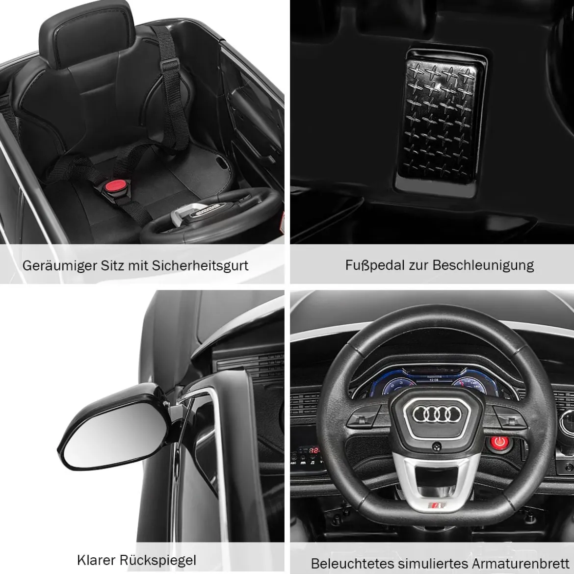 Kinderauto 12 V 3 Gang Elektroauto mit 2,4G-Fernbedienung mit Hupe LED Schwarz