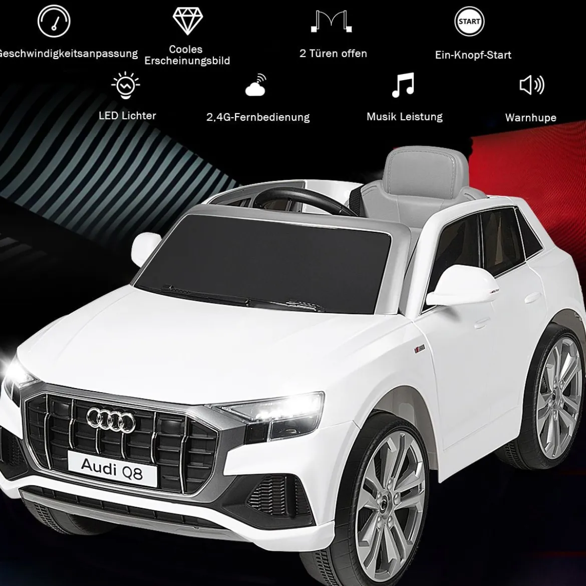 Kinderauto 12 V 3 Gang Elektroauto mit 2,4G-Fernbedienung mit Hupe LED Weiß