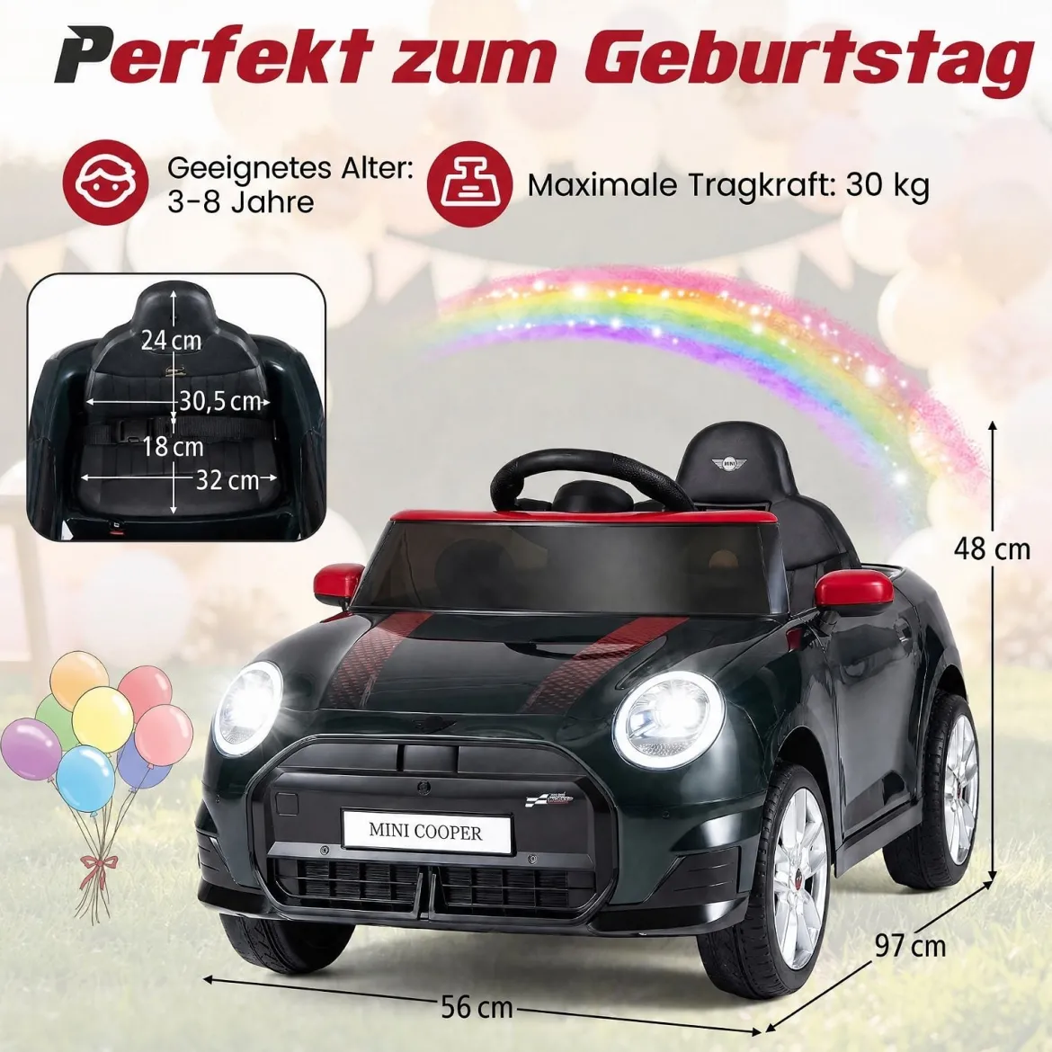 Kinderauto 12 V im BMW Mini Design Elektroauto für Kinder mit Fernbedienung LED & Soft-Start Schwarz