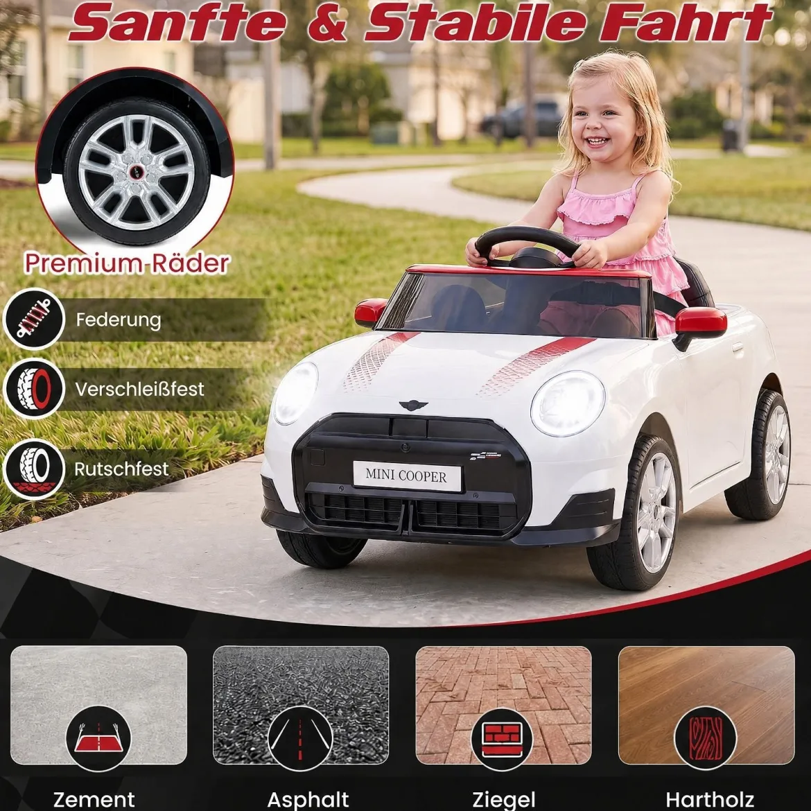 Kinderauto 12 V im BMW Mini Design Elektroauto für Kinder mit Fernbedienung LED & Soft-Start Weiß