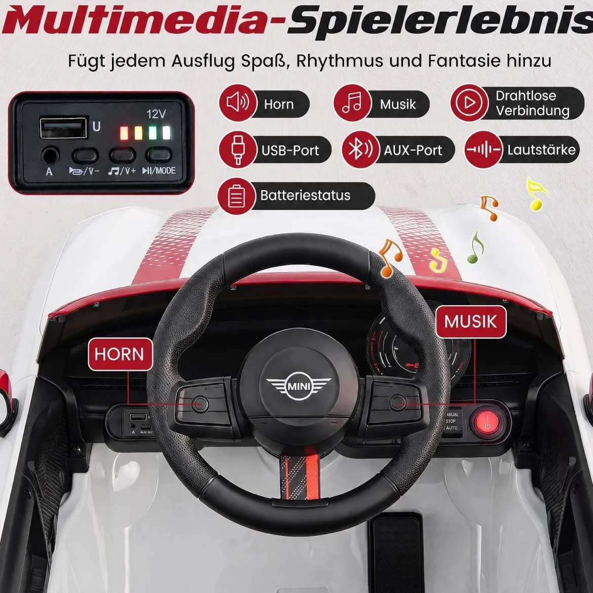 Kinderauto 12 V im BMW Mini Design Elektroauto für Kinder mit Fernbedienung LED & Soft-Start Weiß