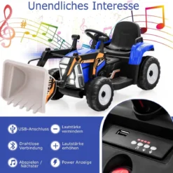 Kinder-Baggerfahrgerät Elektrisches Baufahrzeug mit verstellbarer Schaufel 125 x 51,5 x 52 cm Blau + Schwarz
