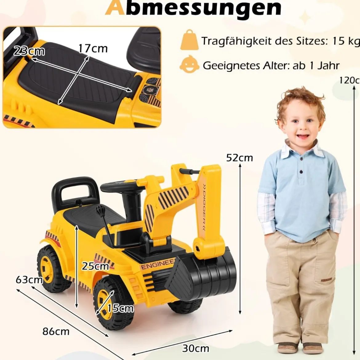 Kinderbagger mit Verstellbarer Schaufel & Stauraum unter Sitz Sitzbagger mit Kippschutz
