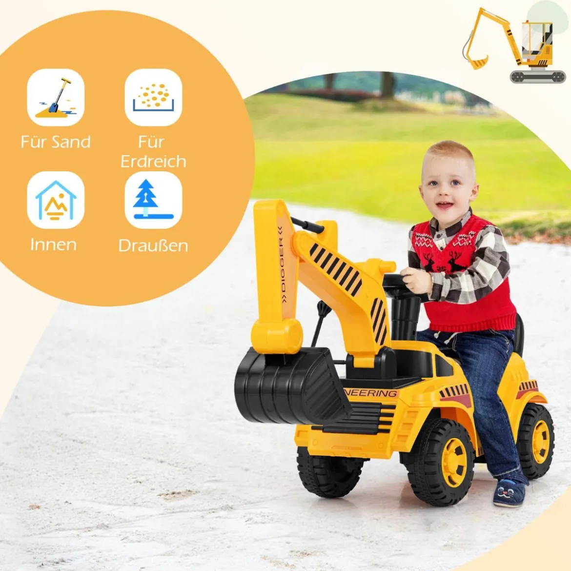 Kinderbagger mit Verstellbarer Schaufel & Stauraum unter Sitz Sitzbagger mit Kippschutz